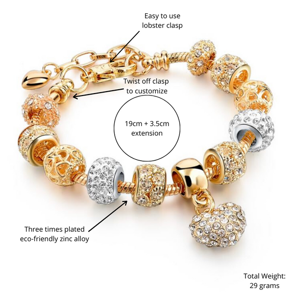 Crystal Heart of Gold Plated Charm Bracelets for Women and Girls