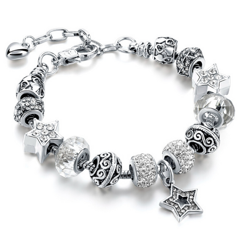 Silver Crystal Star Charm Bracelet for Women and Girls