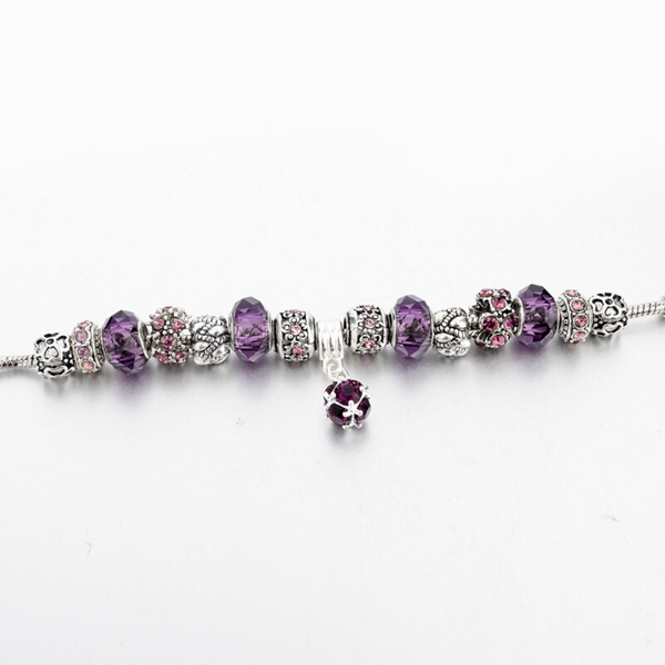Purple Theme Silver Charm Bracelet for Women and Girls