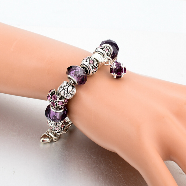 Purple Theme Silver Charm Bracelet for Women and Girls