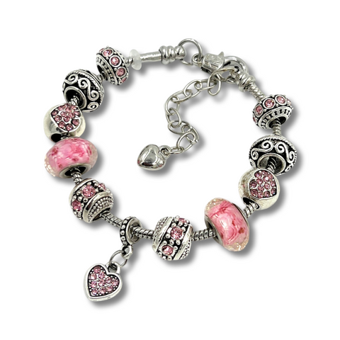 Pink Hearts Silver Charm Bracelet for Women and Girls