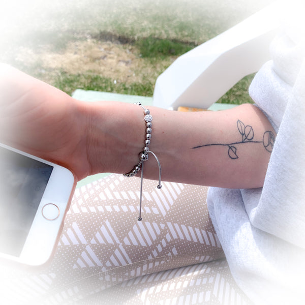 Beaded Slider Bracelet with CZ Stones (Silver/Rose Gold)