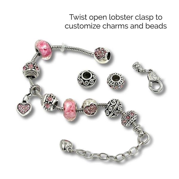 Pink Hearts Silver Charm Bracelet for Women and Girls