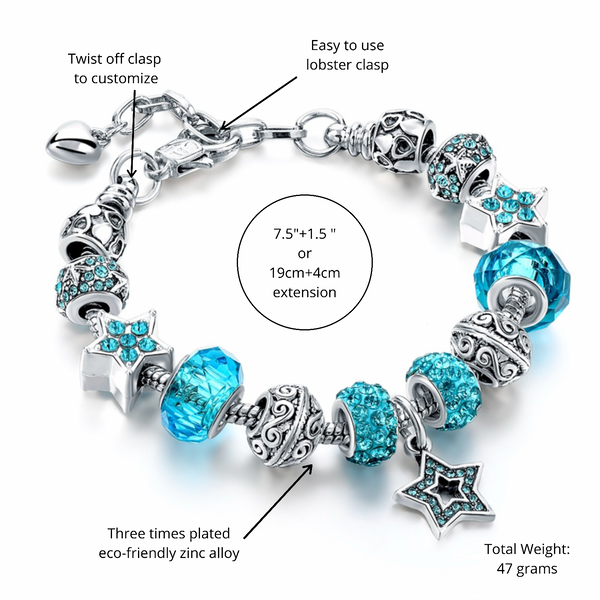 SkyBlue Star Silver Charm Bracelet for Women and Girls