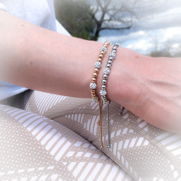 Beaded Slider Bracelet with CZ Stones (Silver/Rose Gold)