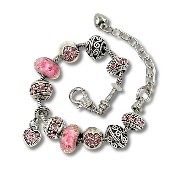 Pink Hearts Silver Charm Bracelet for Women and Girls