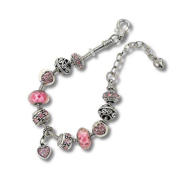 Pink Hearts Silver Charm Bracelet for Women and Girls