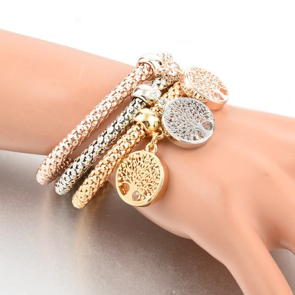 Tree of Life Three in One Charm Bracelet Set with Stretch Popcorn Chain