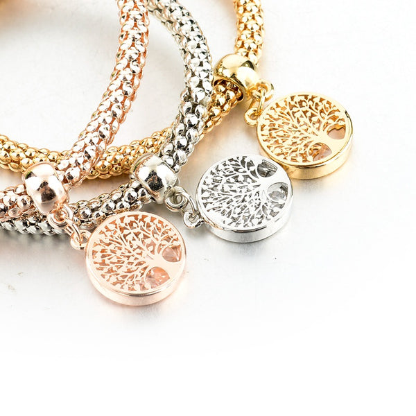 Tree of Life Three in One Charm Bracelet Set with Stretch Popcorn Chain