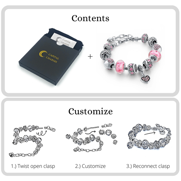 Capital Charms Pink Hearts Silver Charm Bracelet for Women and Girls