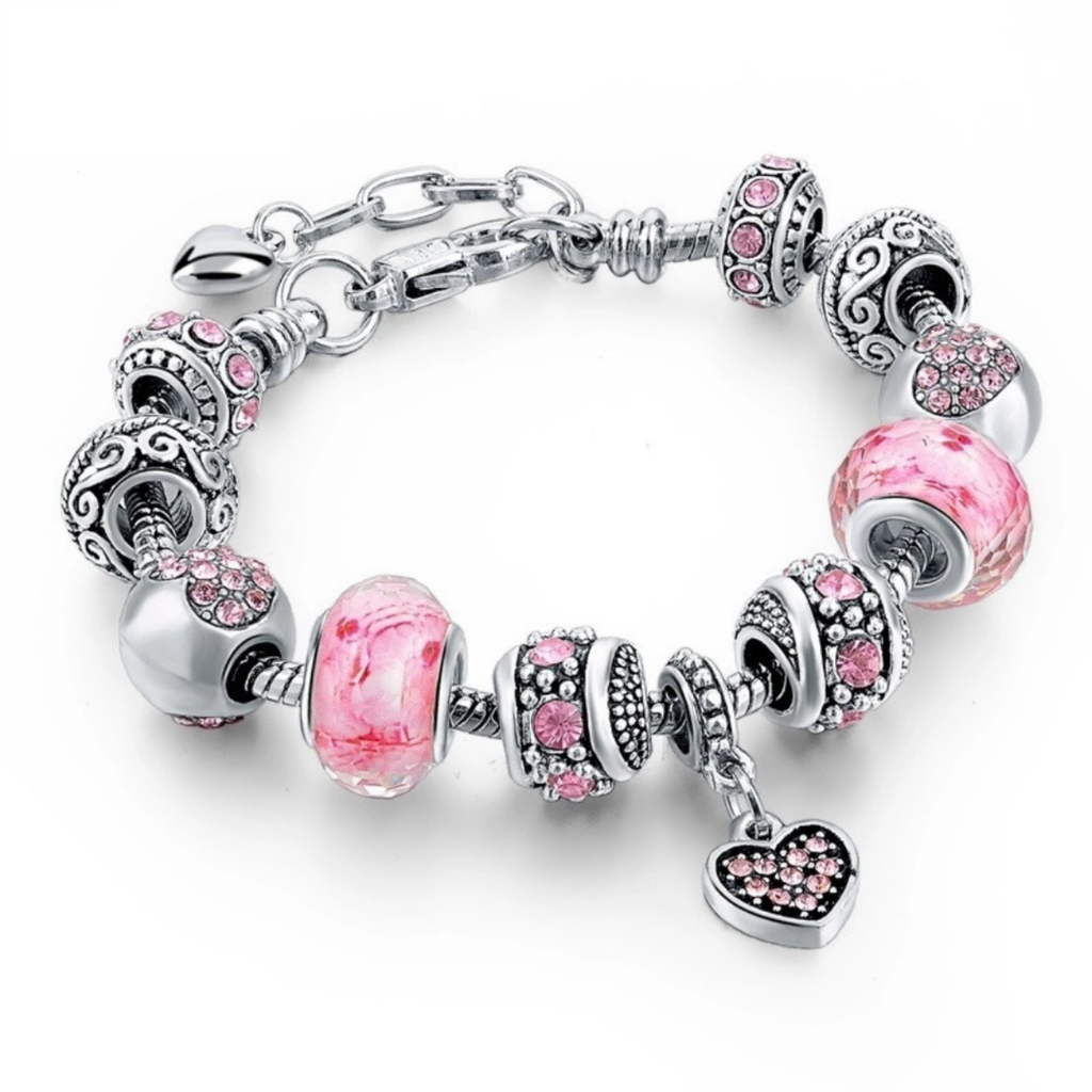 Capital Charms Pink Hearts Silver Charm Bracelet for Women and Girls