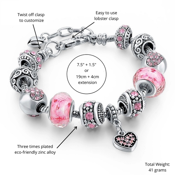 Capital Charms Pink Hearts Silver Charm Bracelet for Women and Girls