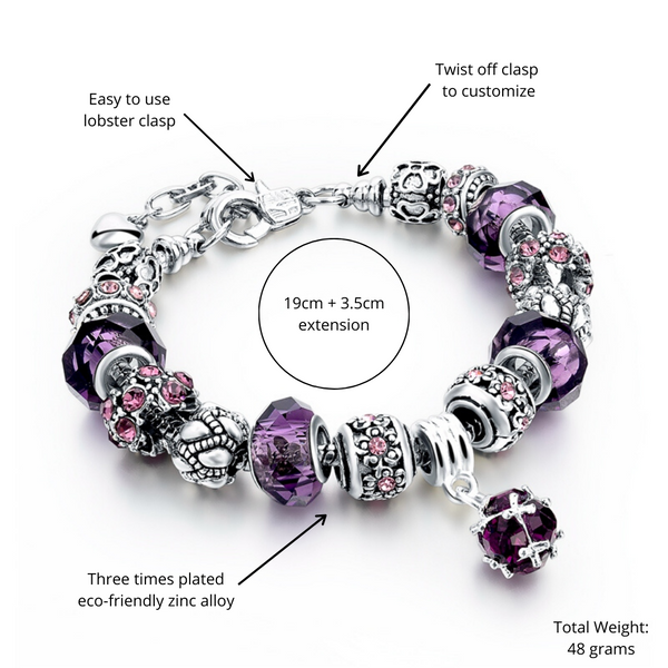 Purple Theme Silver Charm Bracelet for Women and Girls