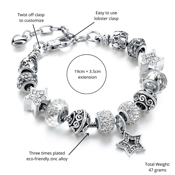 Silver Crystal Star Charm Bracelet for Women and Girls